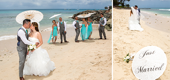 Bridal party and couple enjoy the beautiful Barbados west coast beach