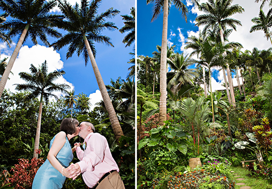 A celebratory kiss surrounded by natural and historic 80 foot palms